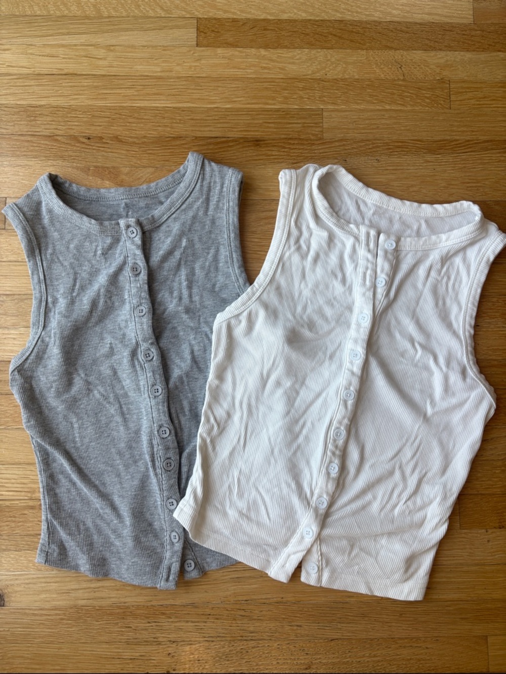 Button-Front Ribbed Tank Tops - Gray & White bulk Set of 2 size Small
